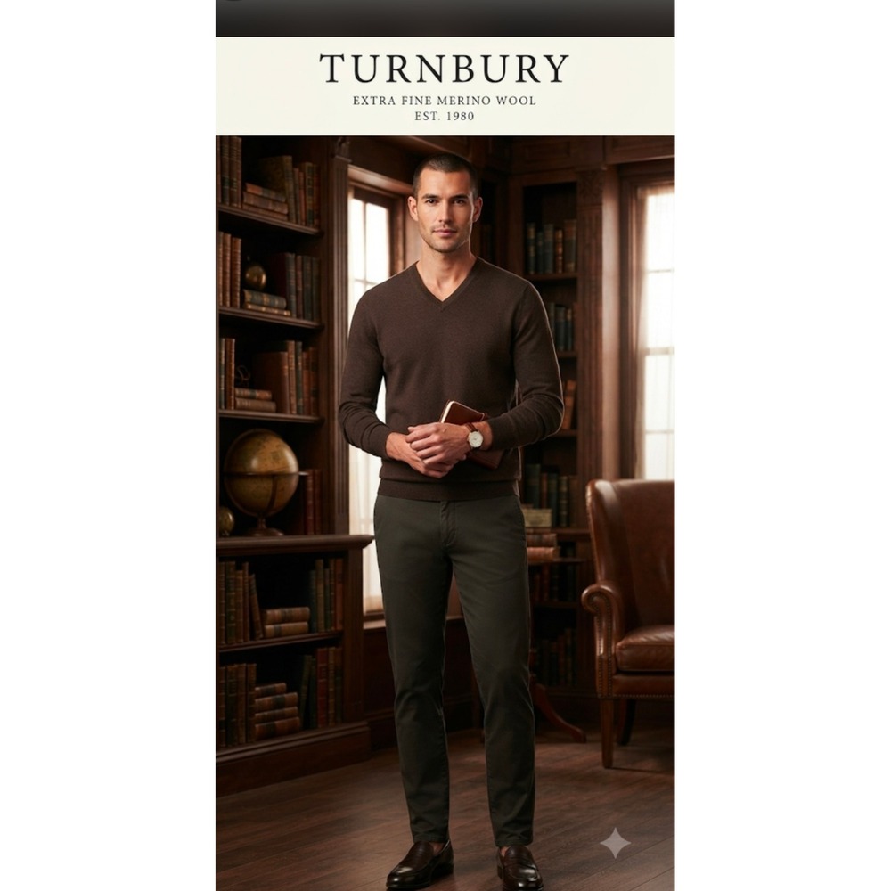 Turnbury Mens Extra Fine Merino Wool V-Neck Sweater Brown Size M